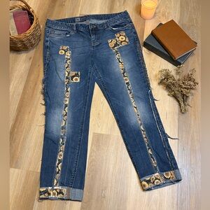 Upcycled Sunflower Patch Jeans Raw Seams & Floral Trim Cottagecore Denim